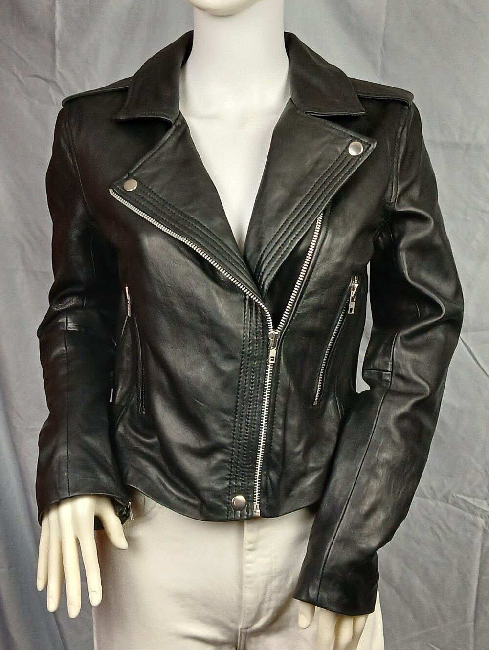 Bagatelle Genuine Leather Moto Biker Jacket Grey Jersey Lined Asymmetrical Small